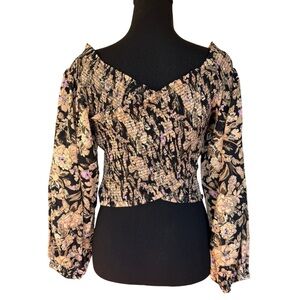 Free People east to west black floral smocked bubble sleeve top NWT • size L